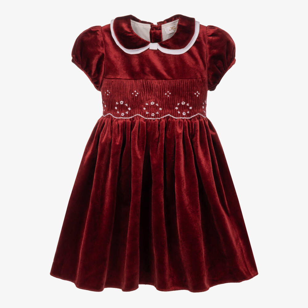 Kidiwi-Girls Burgundy Red Smocked Velvet Dress | Childrensalon