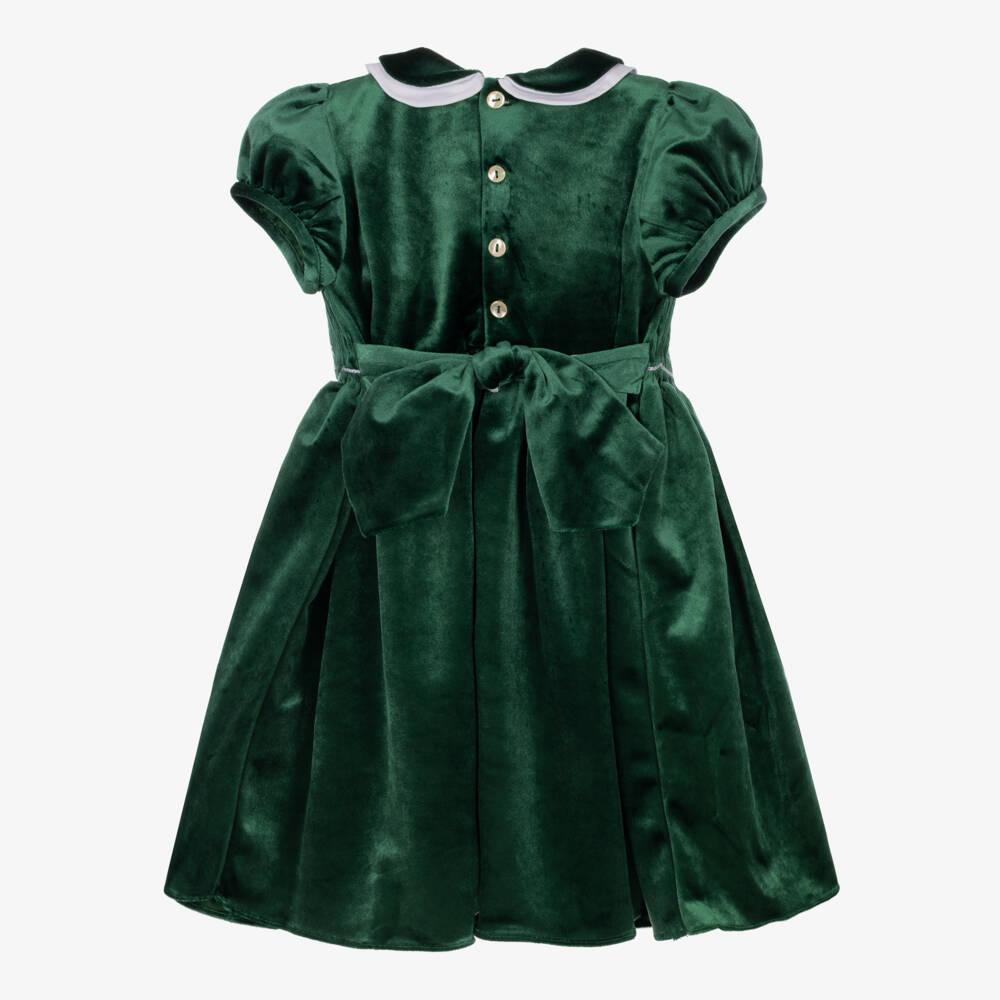 Kidiwi-Girls Emerald Green Smocked Velvet Dress | Childrensalon