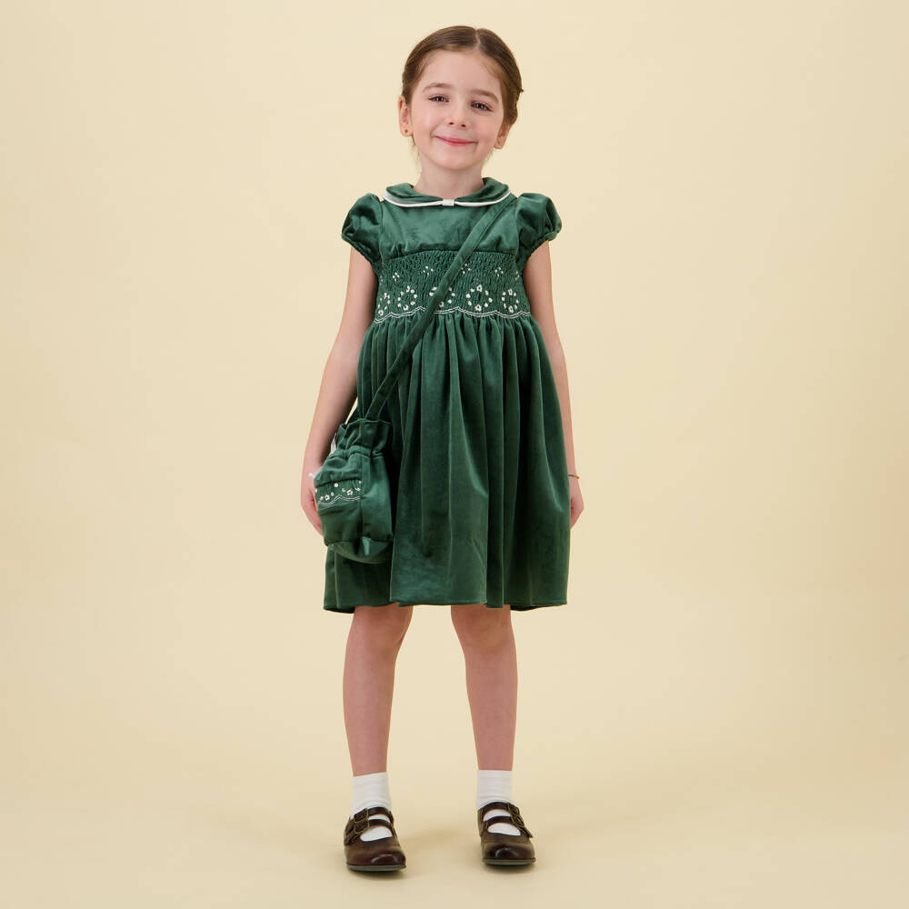 Kidiwi-Girls Emerald Green Smocked Velvet Dress | Childrensalon