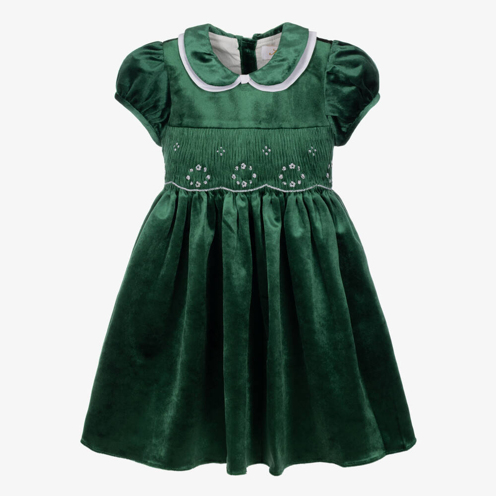 Kidiwi-Girls Emerald Green Smocked Velvet Dress | Childrensalon