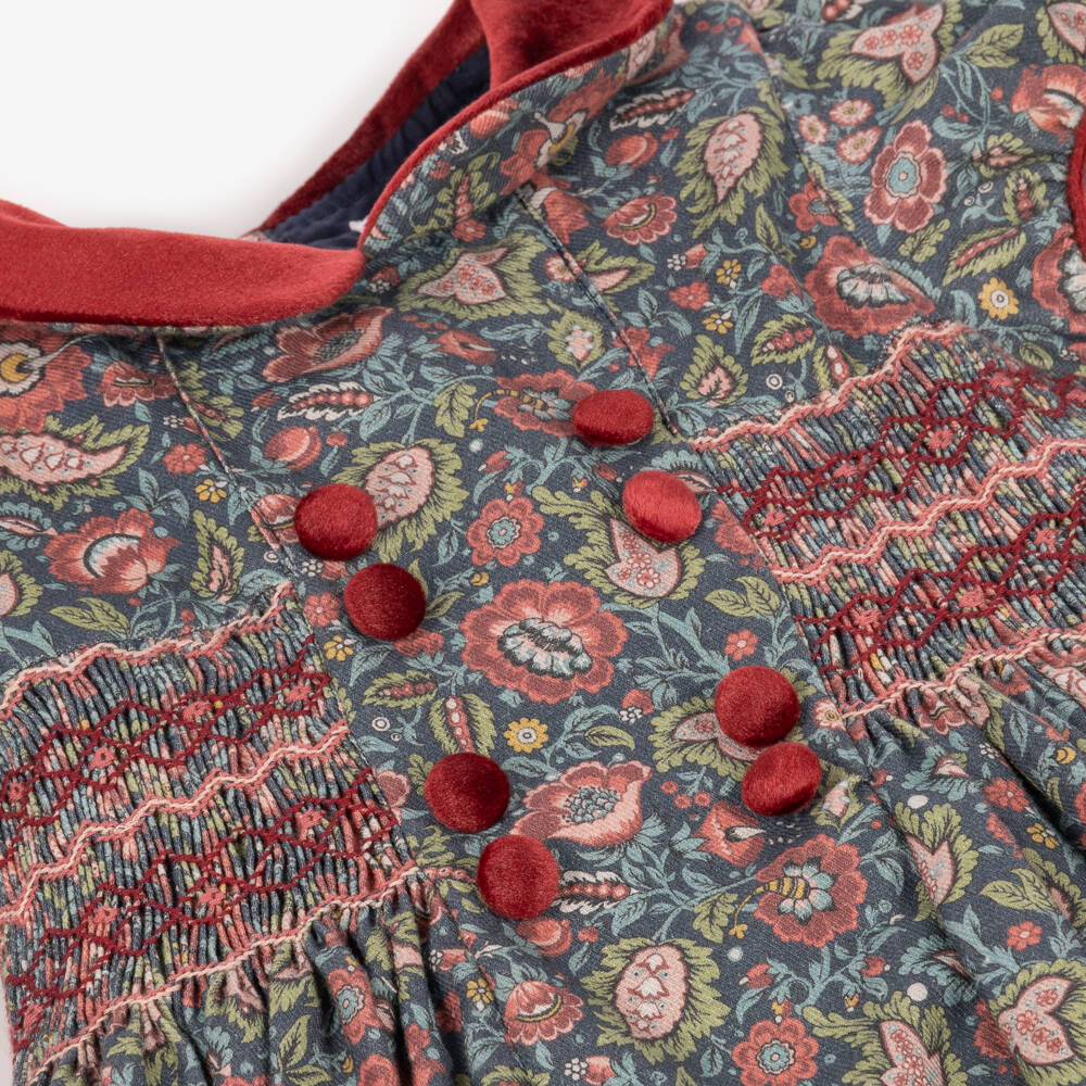 Kidiwi-Girls Floral Print Dress with Burgundy Velvet Trims | Childrensalon