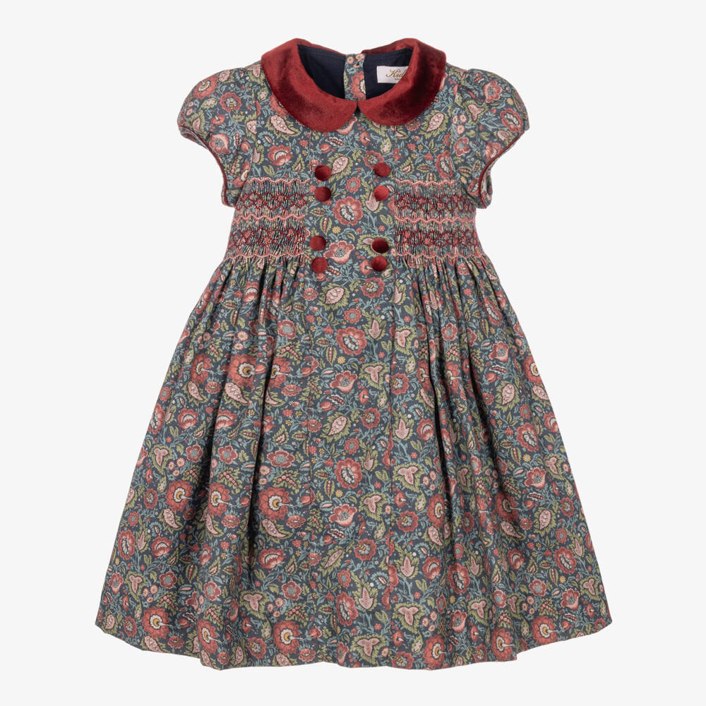 Kidiwi-Girls Floral Print Dress with Burgundy Velvet Trims | Childrensalon