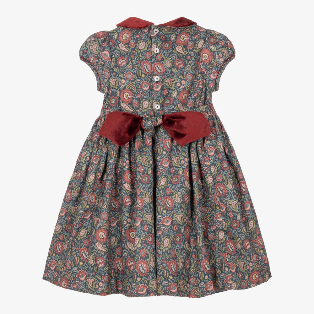 Kidiwi-Girls Floral Print Dress with Burgundy Velvet Trims | Childrensalon