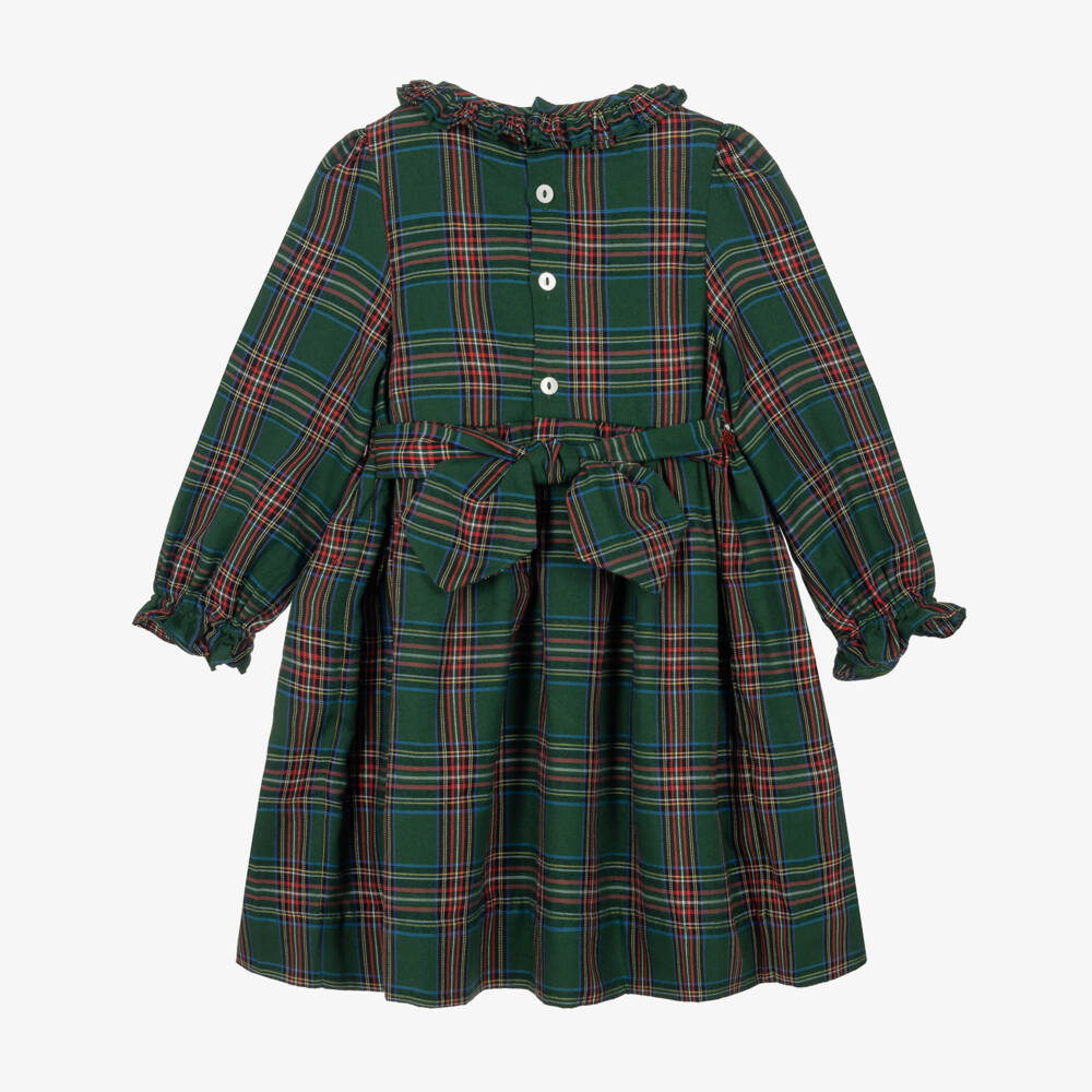 Kidiwi-Girls Green Tartan Hand-Smocked Dress | Childrensalon