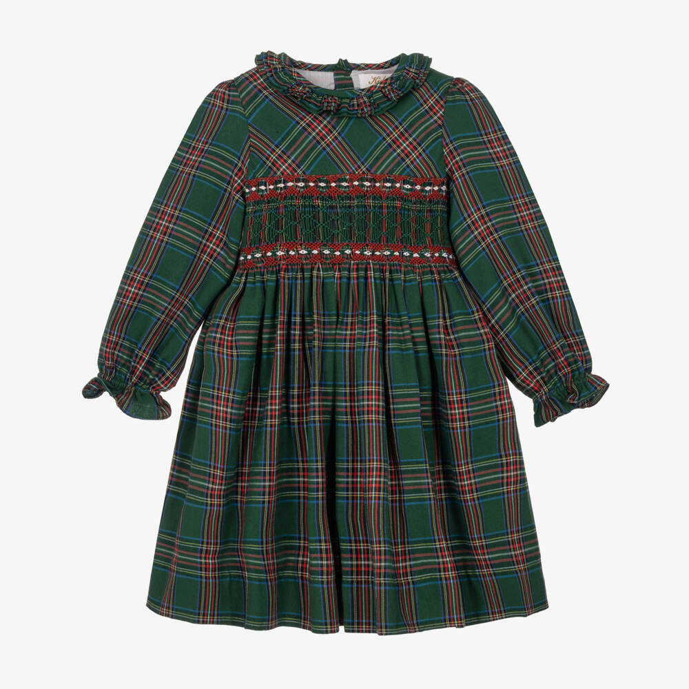 Kidiwi-Girls Green Tartan Hand-Smocked Dress | Childrensalon