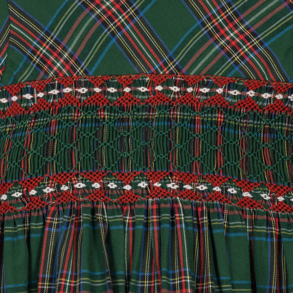 Kidiwi-Girls Green Tartan Hand-Smocked Dress | Childrensalon