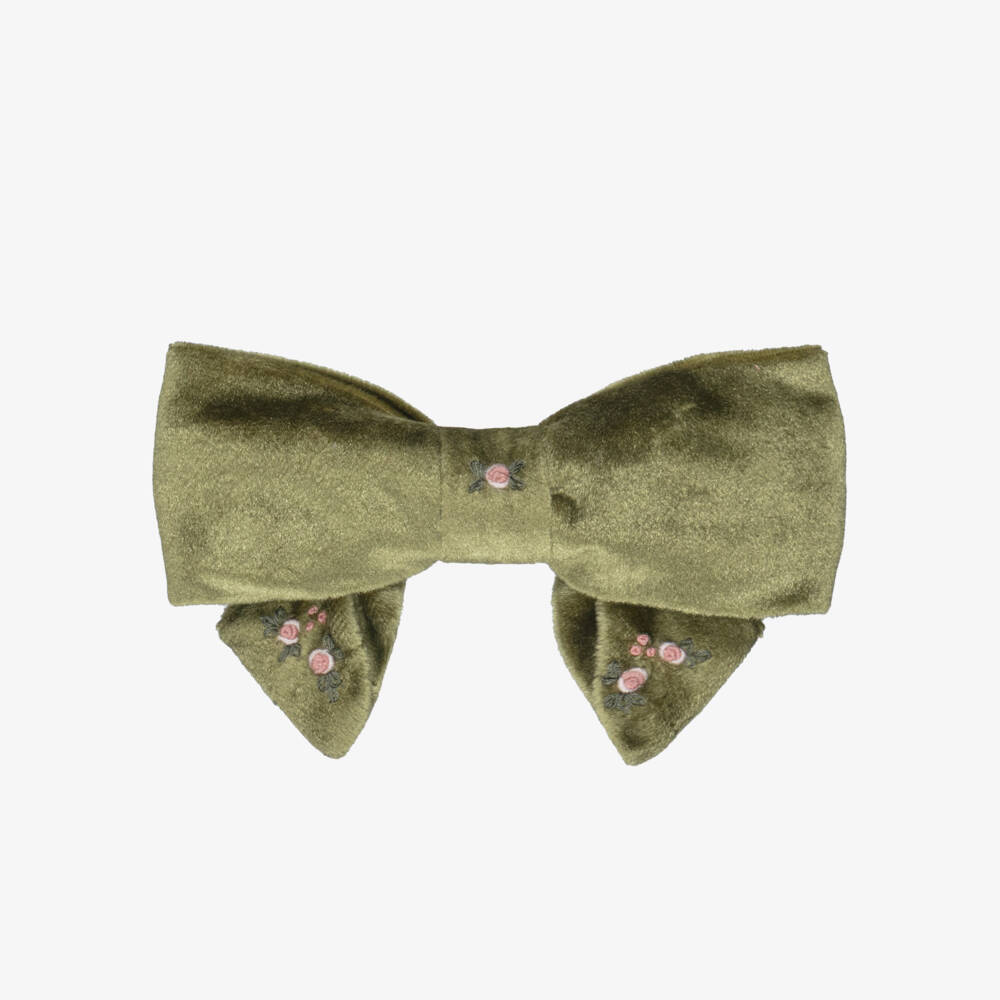 Kidiwi-Girls Green Velvet Hand-Embroidered Hair Clip (15cm) | Childrensalon