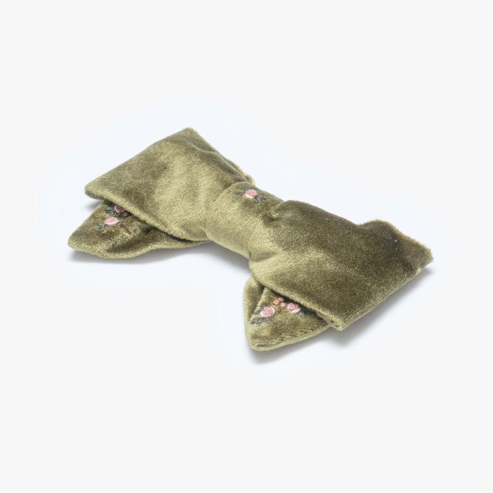 Kidiwi-Girls Green Velvet Hand-Embroidered Hair Clip (15cm) | Childrensalon
