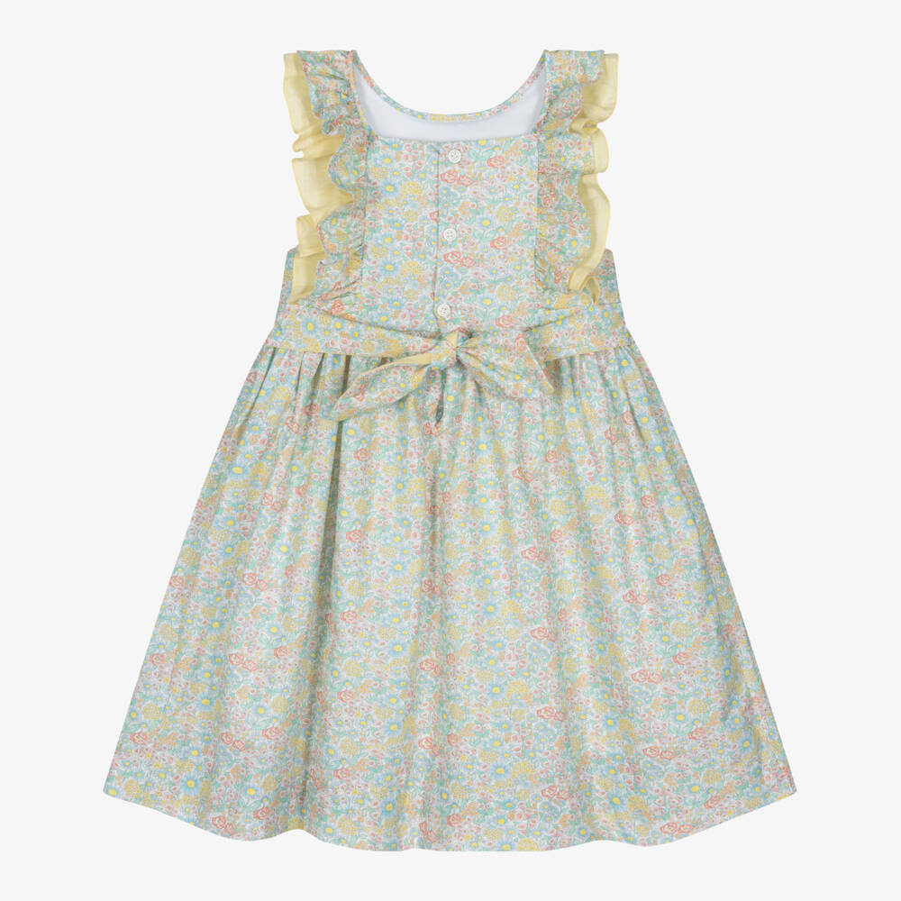 Kidiwi-Girls Green & Yellow Floral Hand-Smoked Cotton Dress | Childrensalon