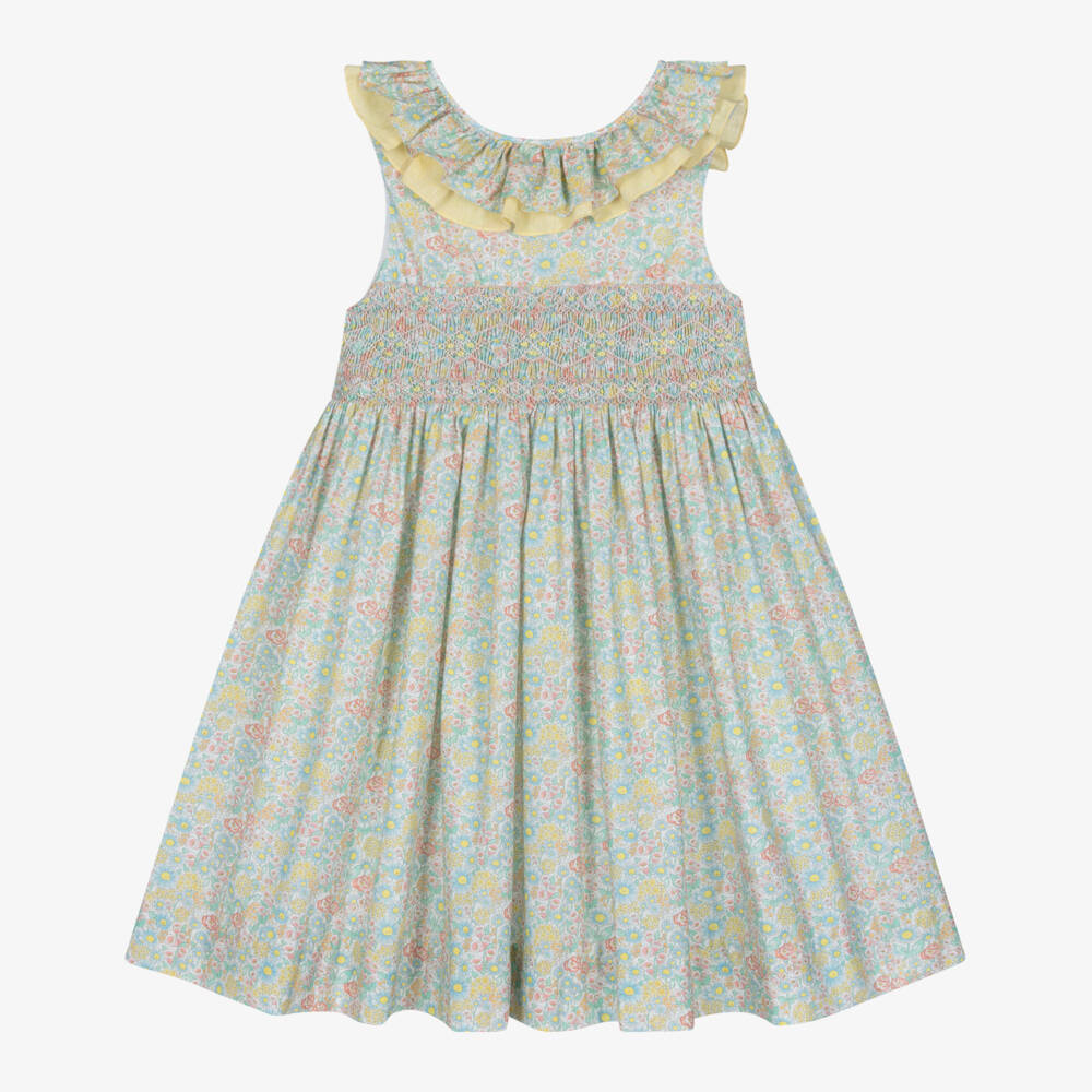 Kidiwi-Girls Green & Yellow Floral Hand-Smoked Cotton Dress | Childrensalon