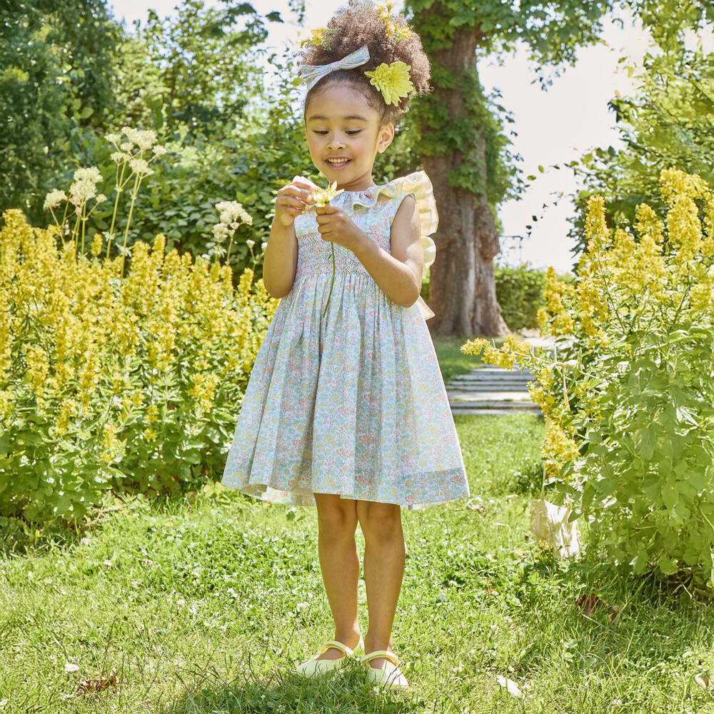 Kidiwi-فستان قطن بتطريز سموك لون أخضر وأصفر للبنات | Childrensalon