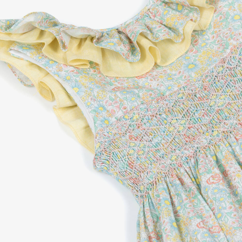 Kidiwi-Girls Green & Yellow Floral Hand-Smoked Cotton Dress | Childrensalon