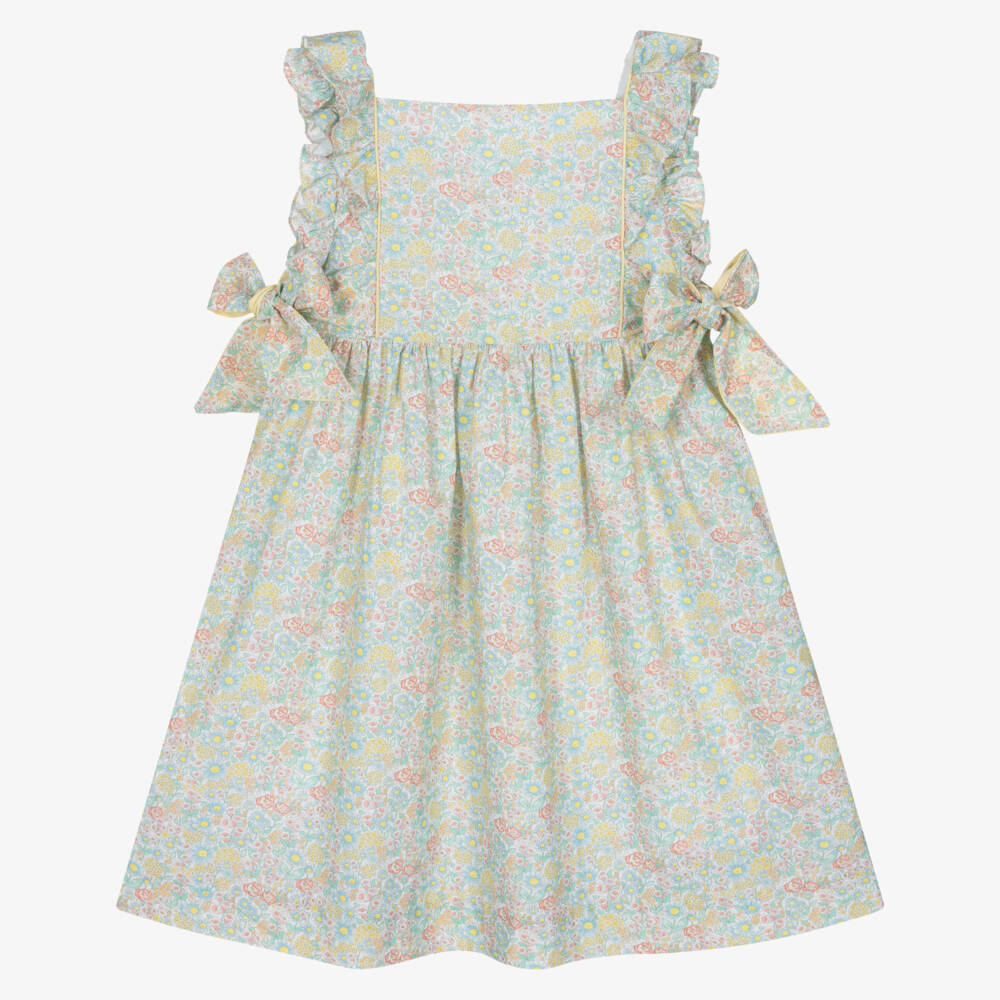 Kidiwi-Girls Green & Yellow Floral Print Dress with Side Bows | Childrensalon