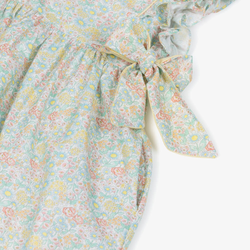 Kidiwi-Girls Green & Yellow Floral Print Dress with Side Bows | Childrensalon