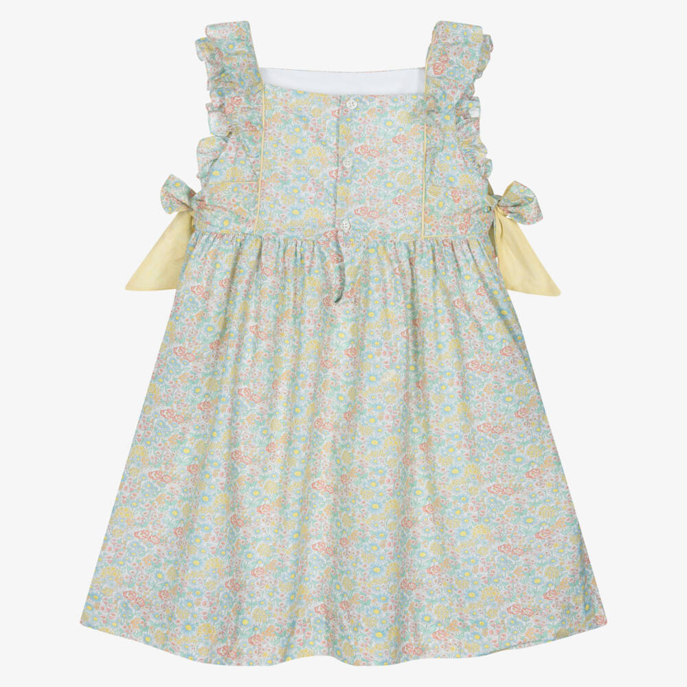 Kidiwi-Girls Green & Yellow Floral Print Dress with Side Bows | Childrensalon