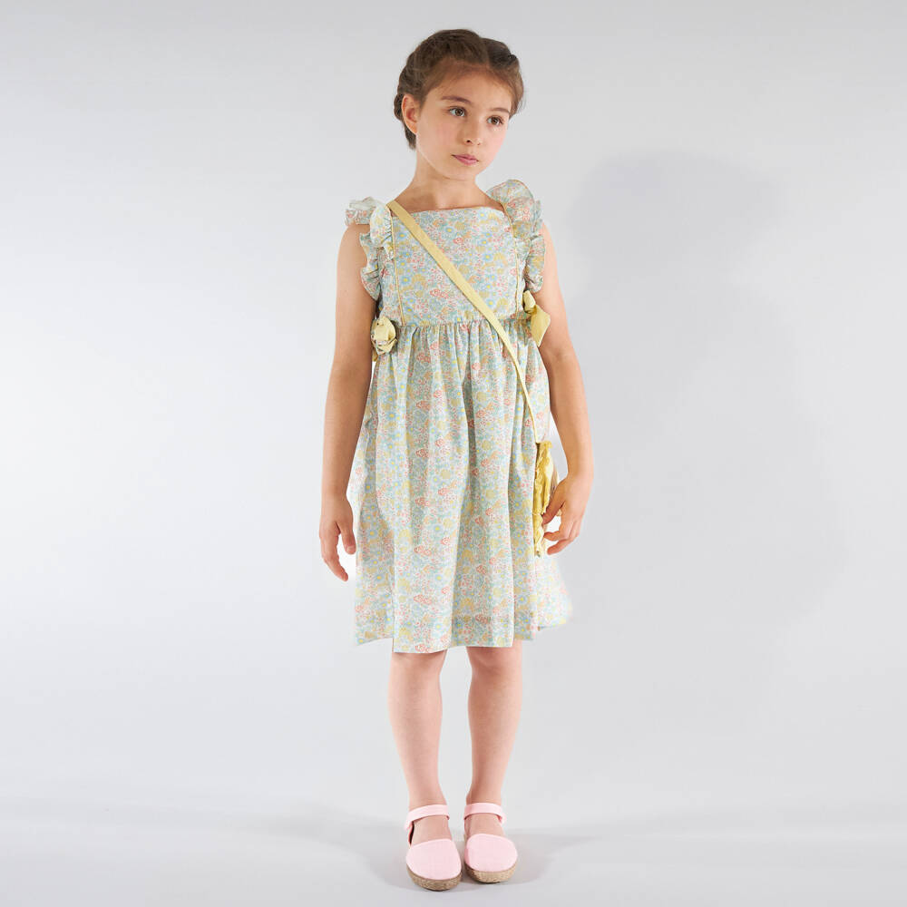 Kidiwi-Girls Green & Yellow Floral Print Dress with Side Bows | Childrensalon