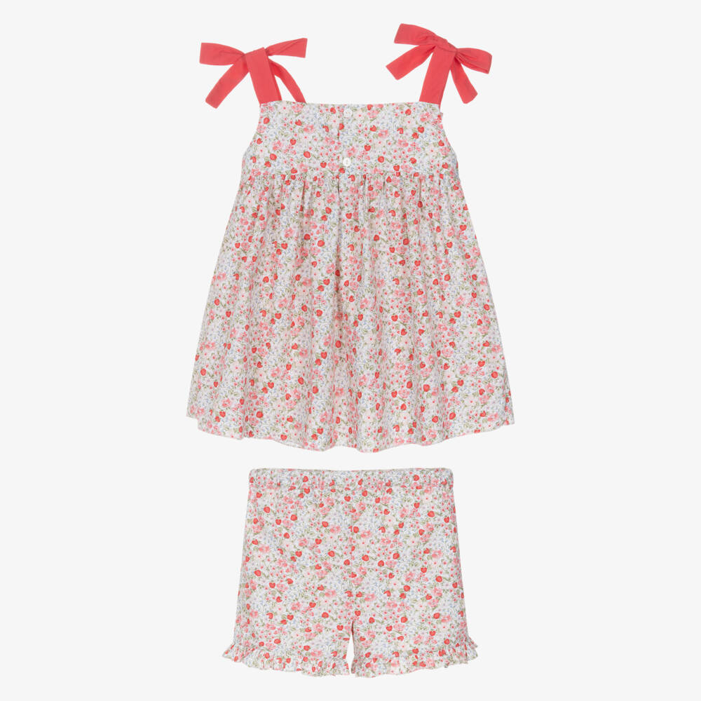 Kidiwi-Girls Hand-Smocked Red Strawberry & Floral Cotton Shorts Set | Childrensalon