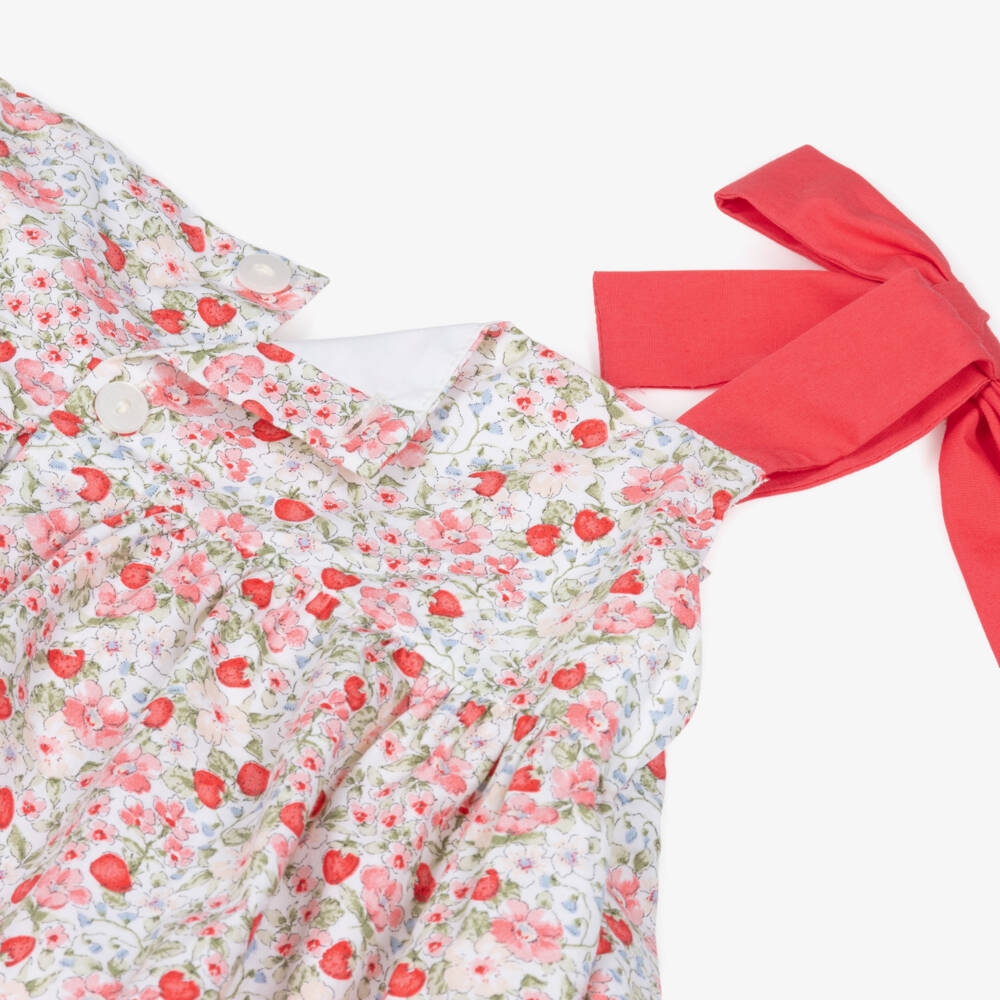 Kidiwi-Girls Hand-Smocked Red Strawberry & Floral Cotton Shorts Set | Childrensalon