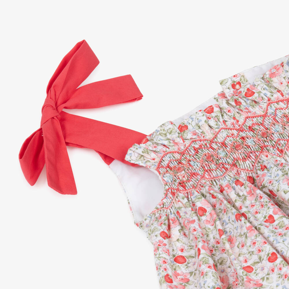 Kidiwi-Girls Hand-Smocked Red Strawberry & Floral Cotton Shorts Set | Childrensalon