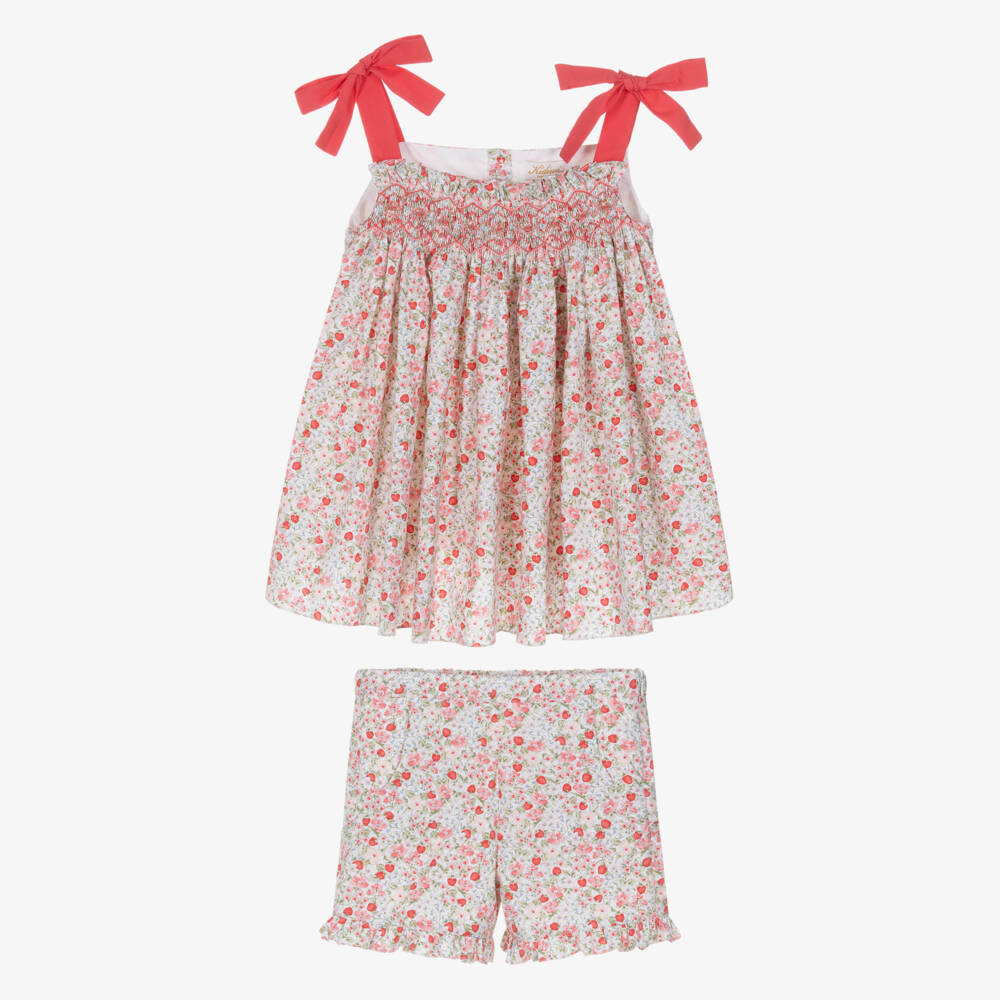 Kidiwi-Girls Hand-Smocked Red Strawberry & Floral Cotton Shorts Set | Childrensalon