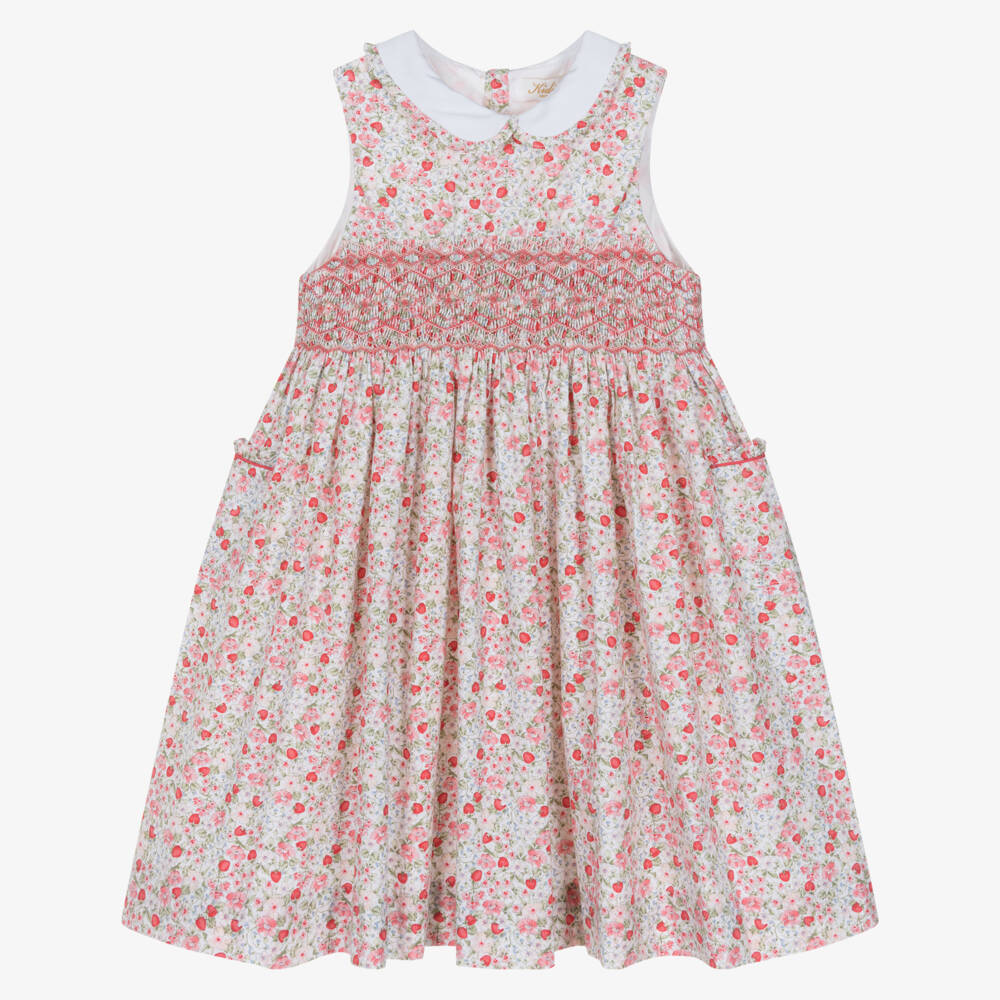 Kidiwi-Girls Hand-Smocked Red Strawberry & Floral Poplin Dress | Childrensalon