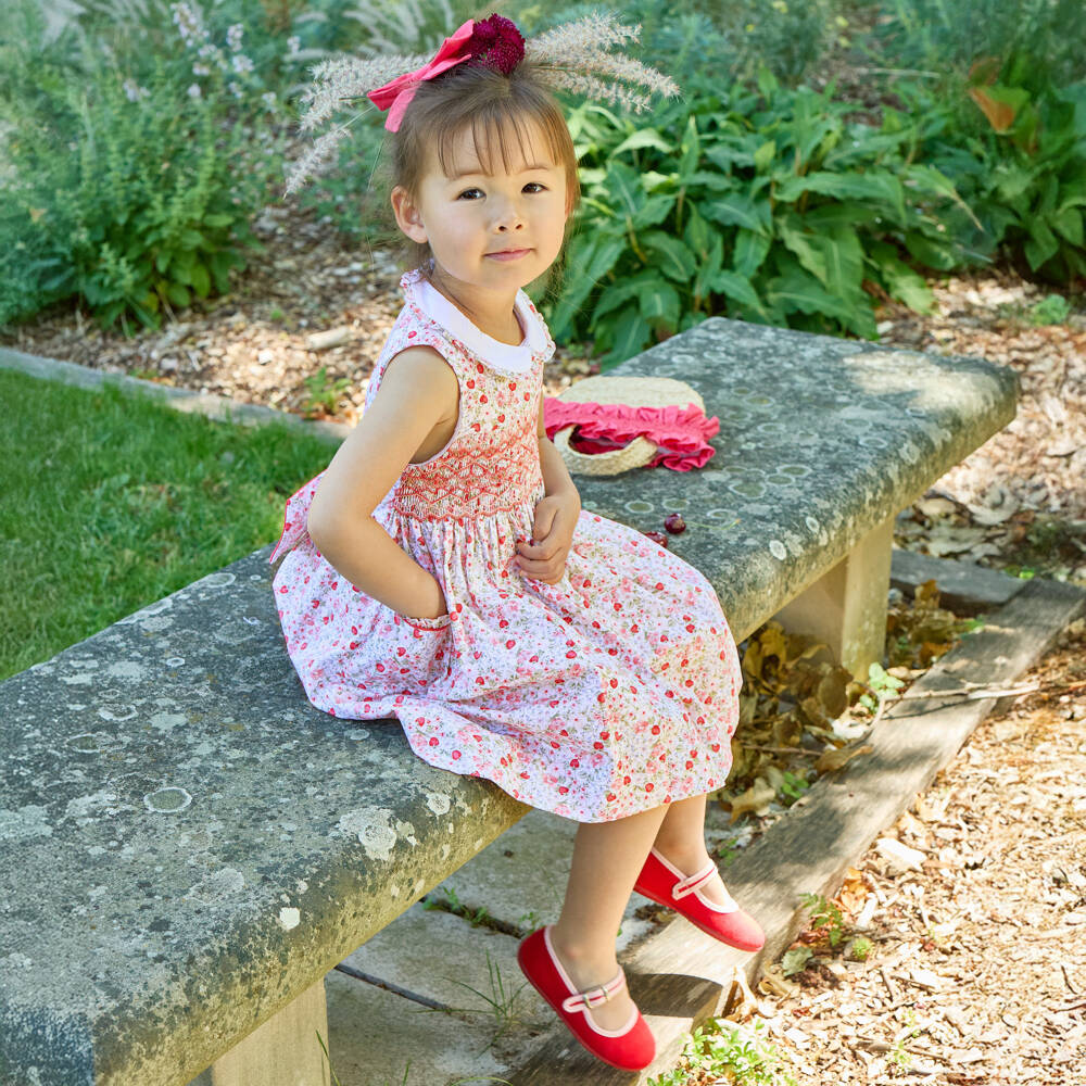 Kidiwi-Платье в цветочек и клубнику из поплина с ручной вышивкой для девочек | Childrensalon
