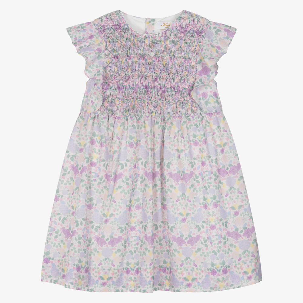 Kidiwi-Girls Lilac Cotton Floral Dress with Hand-Smocking | Childrensalon