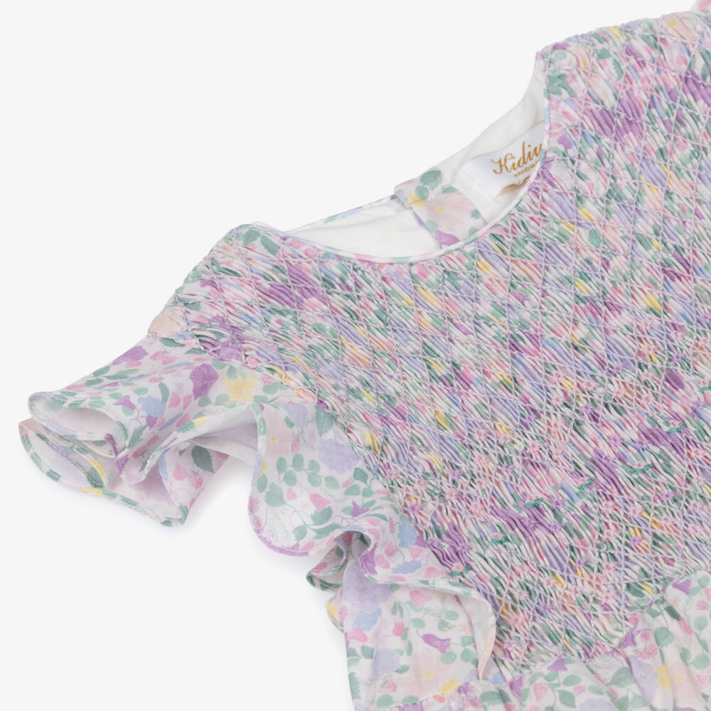 Kidiwi-Girls Lilac Cotton Floral Dress with Hand-Smocking | Childrensalon