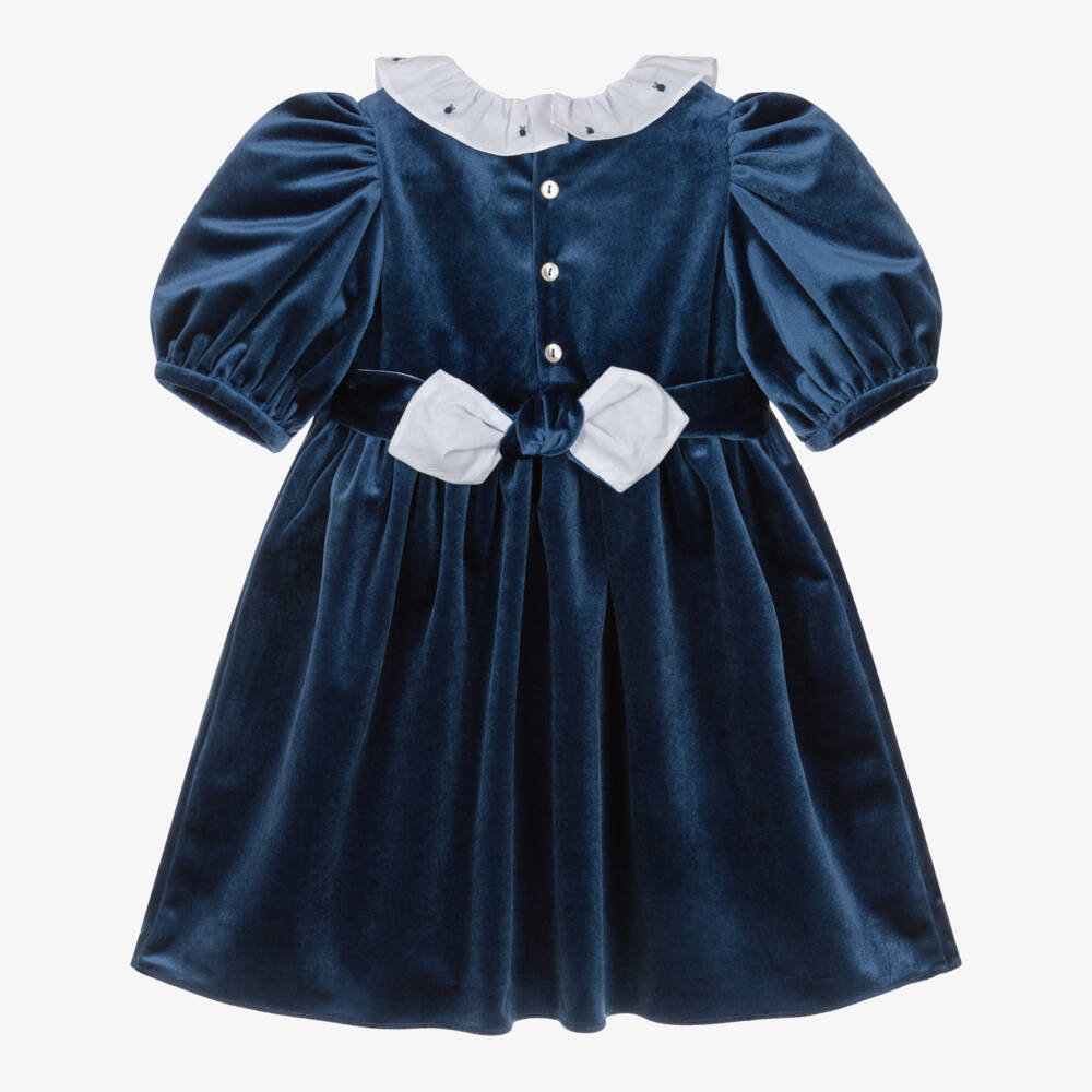 Kidiwi-Girls Navy Blue Smocked Velvet Dress | Childrensalon