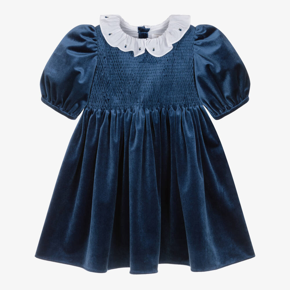 Kidiwi-Girls Navy Blue Smocked Velvet Dress | Childrensalon
