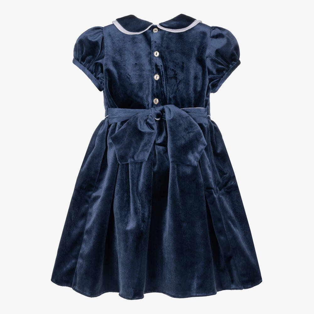 Kidiwi-Girls Navy Blue Smocked Velvet Dress | Childrensalon