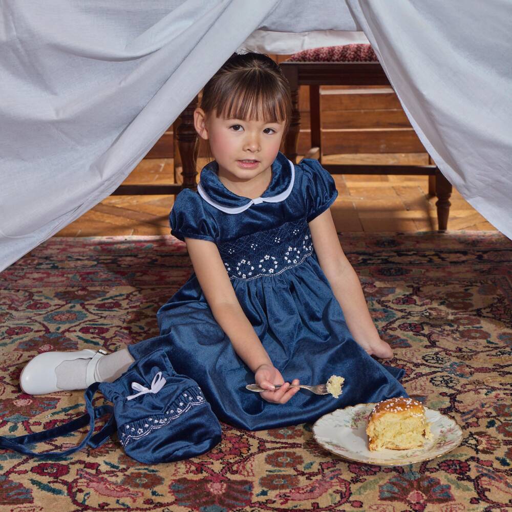 Kidiwi-Girls Navy Blue Smocked Velvet Dress | Childrensalon