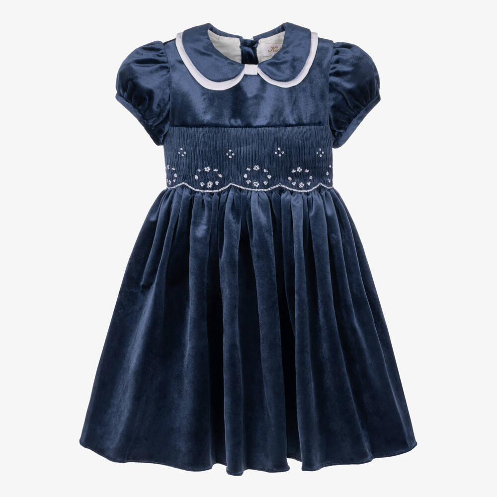 Kidiwi-Girls Navy Blue Smocked Velvet Dress | Childrensalon