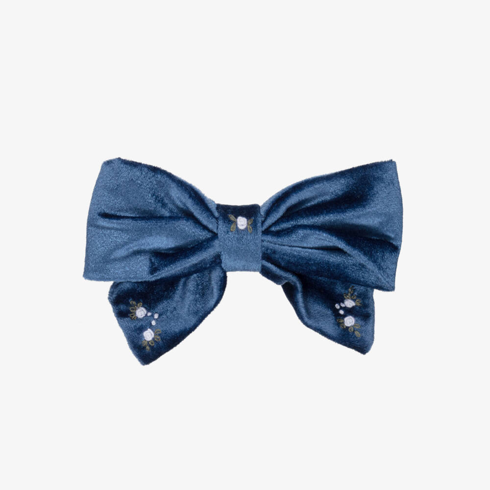Kidiwi-Girls Navy Blue Velvet Bow Hair Clip with Floral Embroidery | Childrensalon