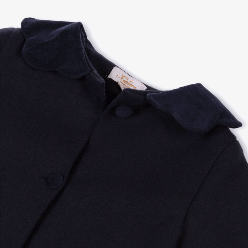 Kidiwi-Girls Navy Blue Wool Coat with Velvet Collar | Childrensalon