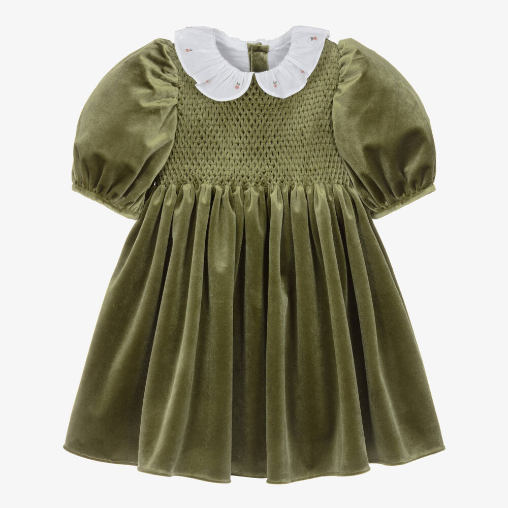 Kidiwi-Girls Olive Green Smocked Velvet Dress | Childrensalon