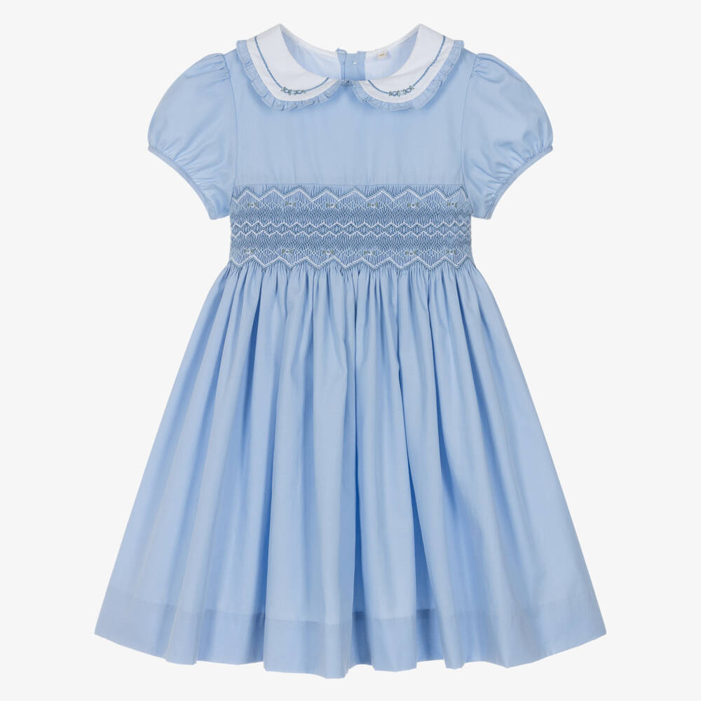 Kidiwi-Girls Pale Blue Cotton Hand-Smocked Dress | Childrensalon