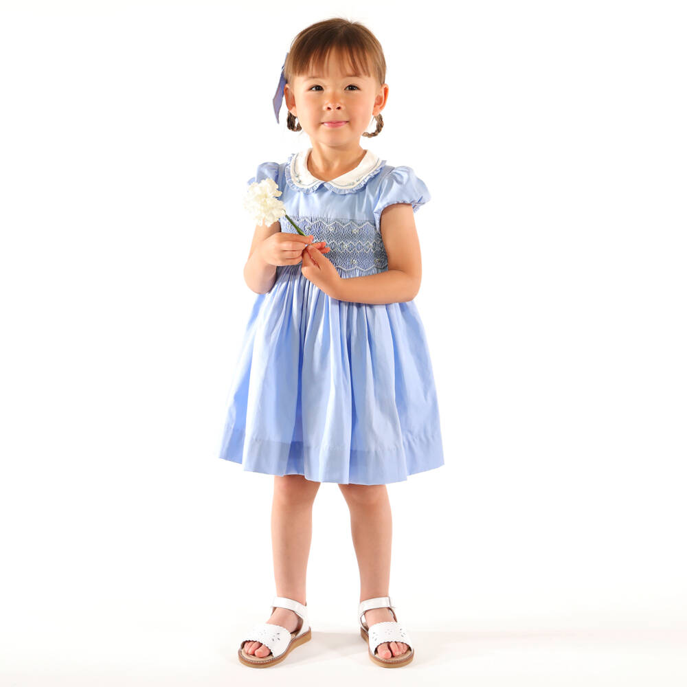 Kidiwi-Girls Pale Blue Cotton Hand-Smocked Dress | Childrensalon