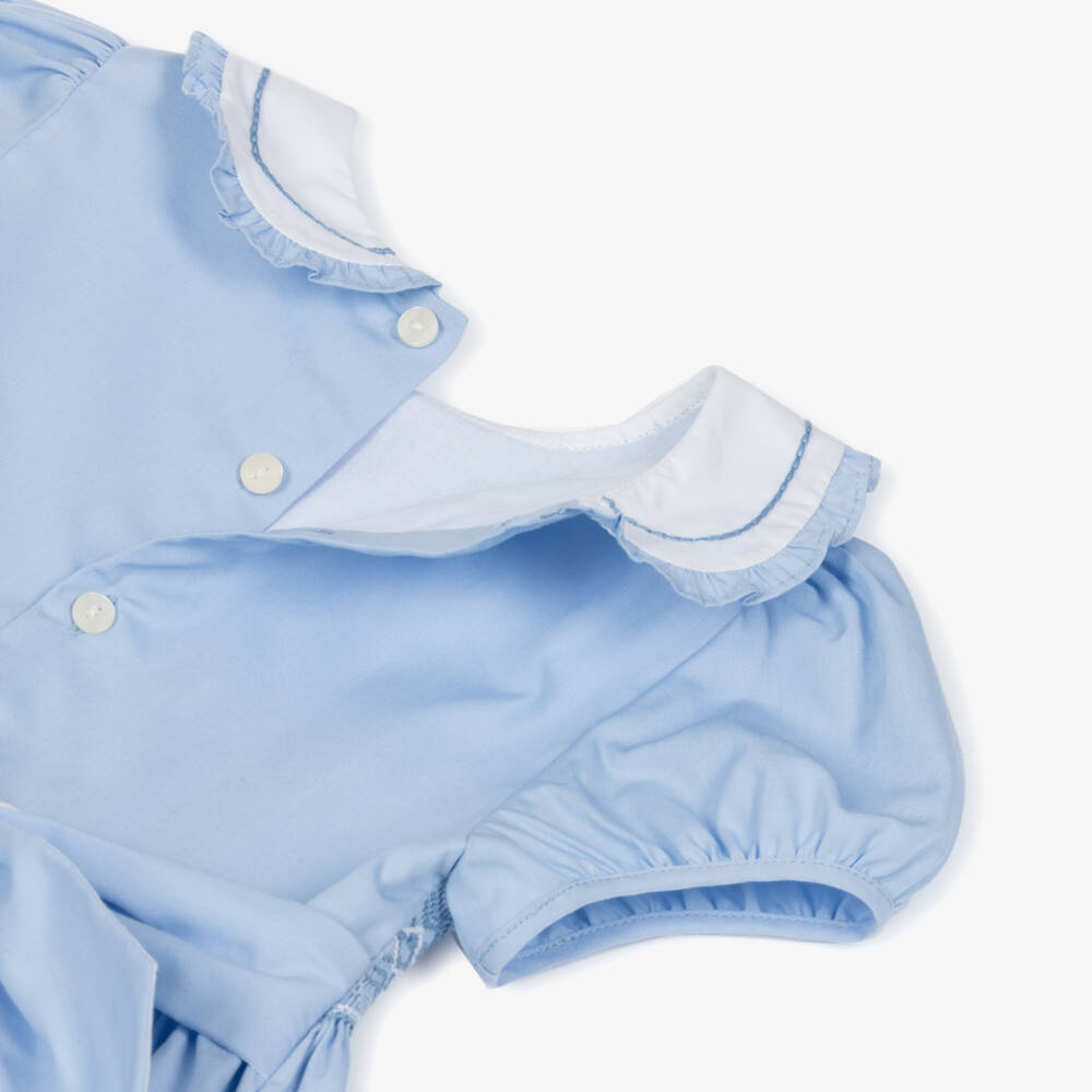 Kidiwi-Girls Pale Blue Cotton Hand-Smocked Dress | Childrensalon