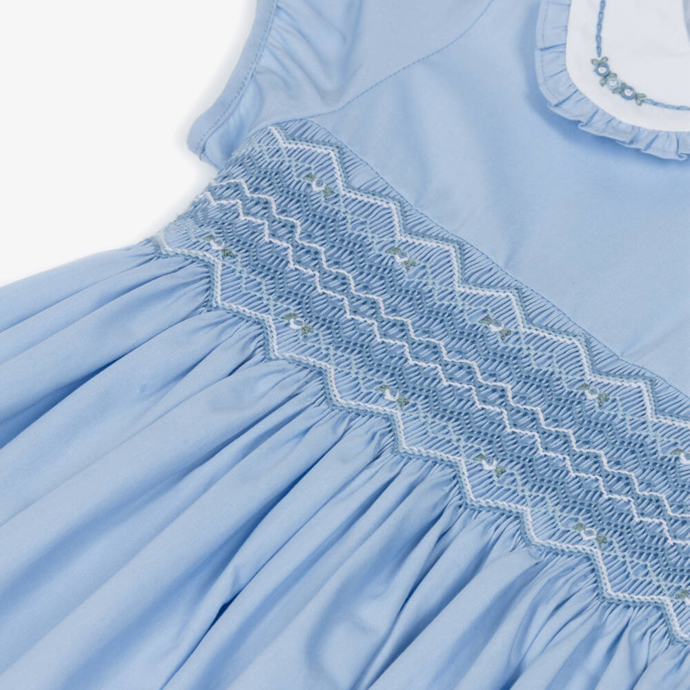 Kidiwi-Girls Pale Blue Cotton Hand-Smocked Dress | Childrensalon