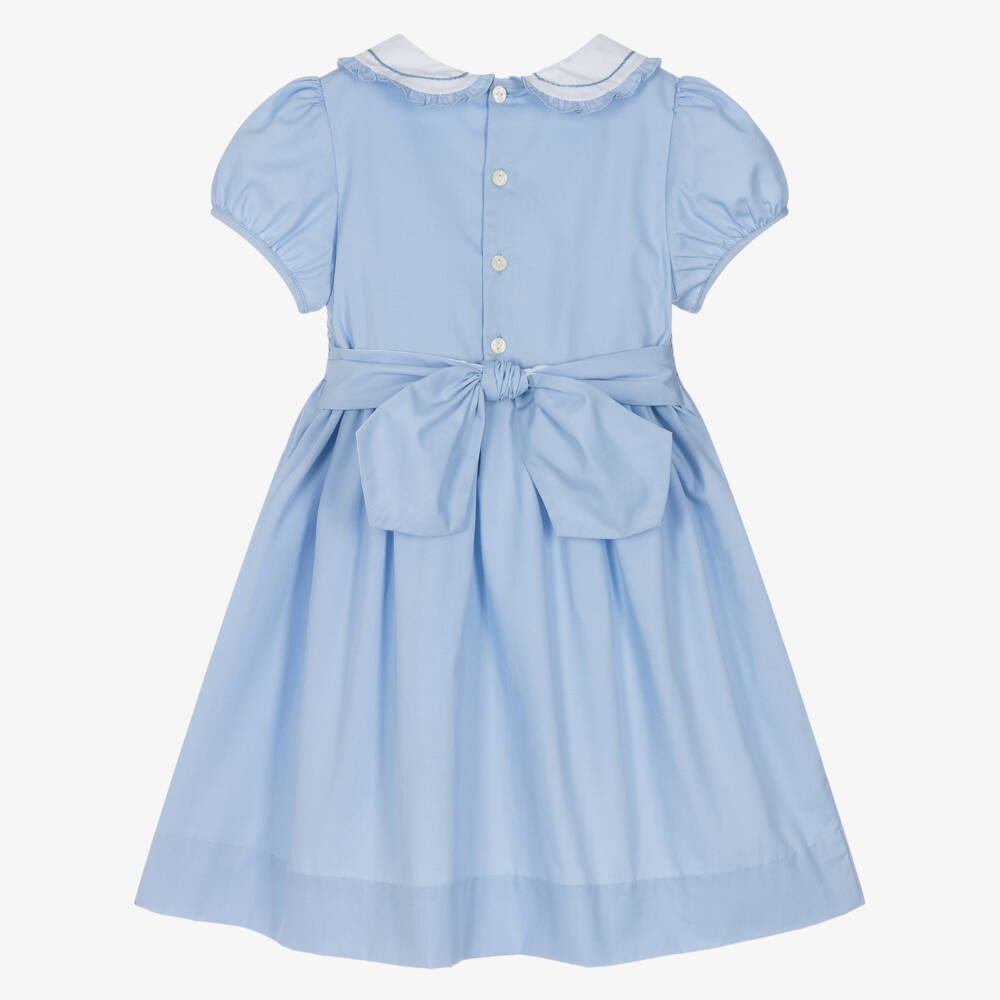 Kidiwi-Girls Pale Blue Cotton Hand-Smocked Dress | Childrensalon