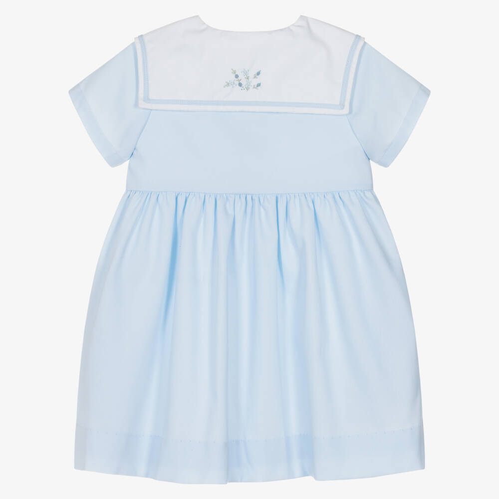 Kidiwi-Girls Pale Blue Dress with Hand-Embroidered Sailor Collar | Childrensalon