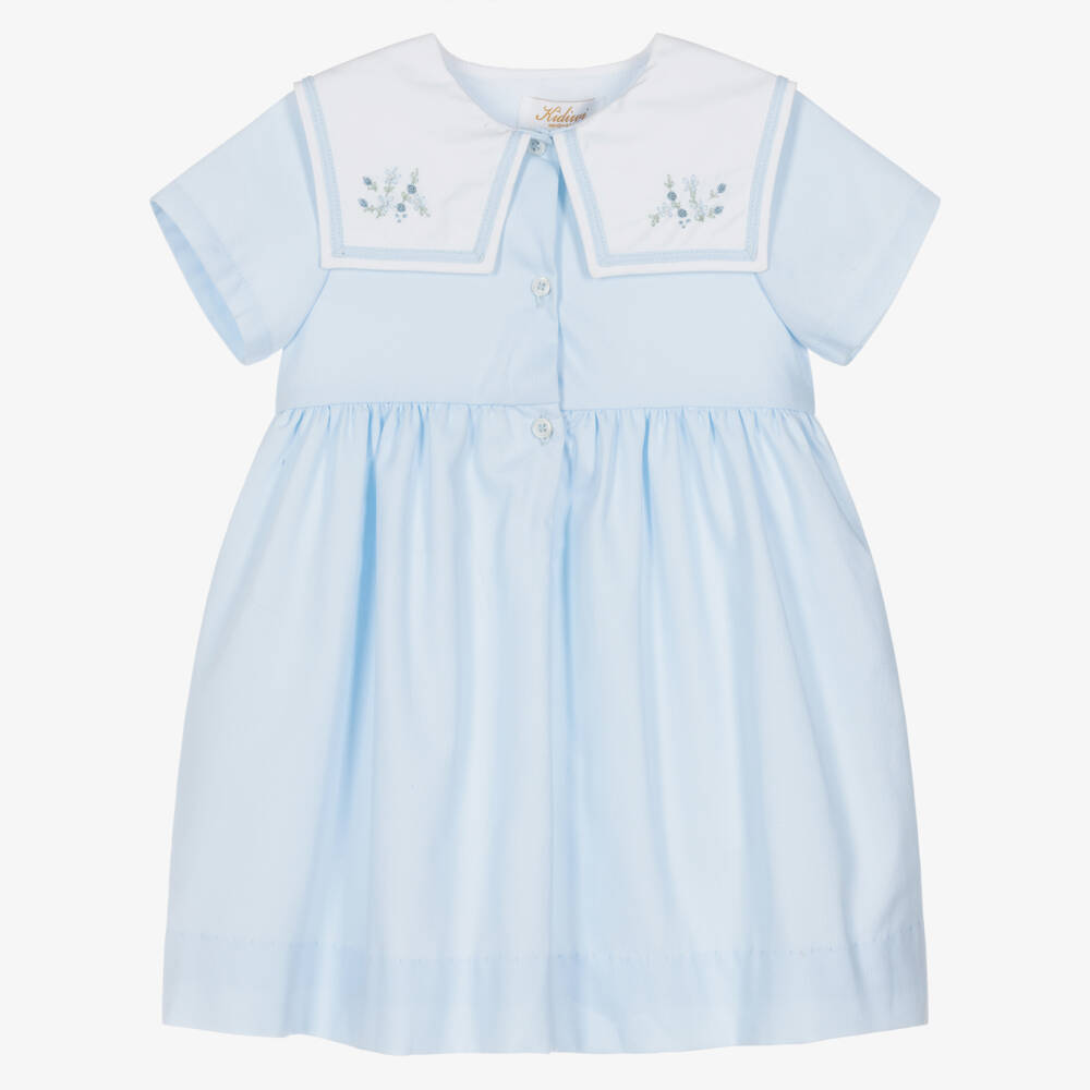Kidiwi-Girls Pale Blue Dress with Hand-Embroidered Sailor Collar | Childrensalon