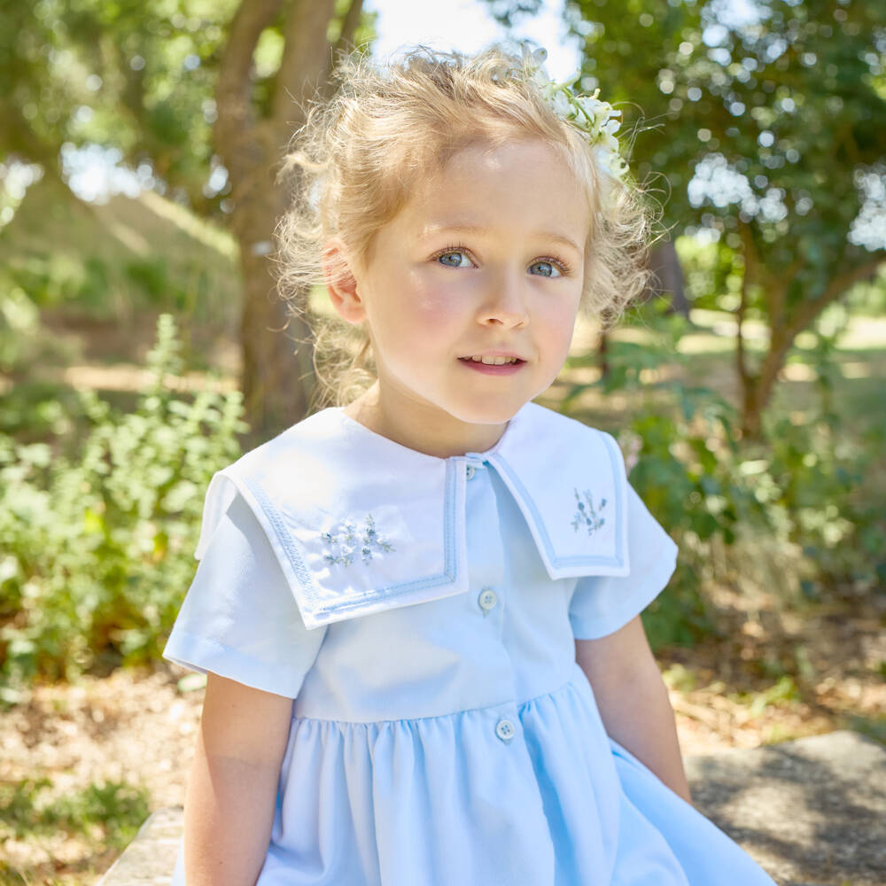 Kidiwi-Girls Pale Blue Dress with Hand-Embroidered Sailor Collar | Childrensalon