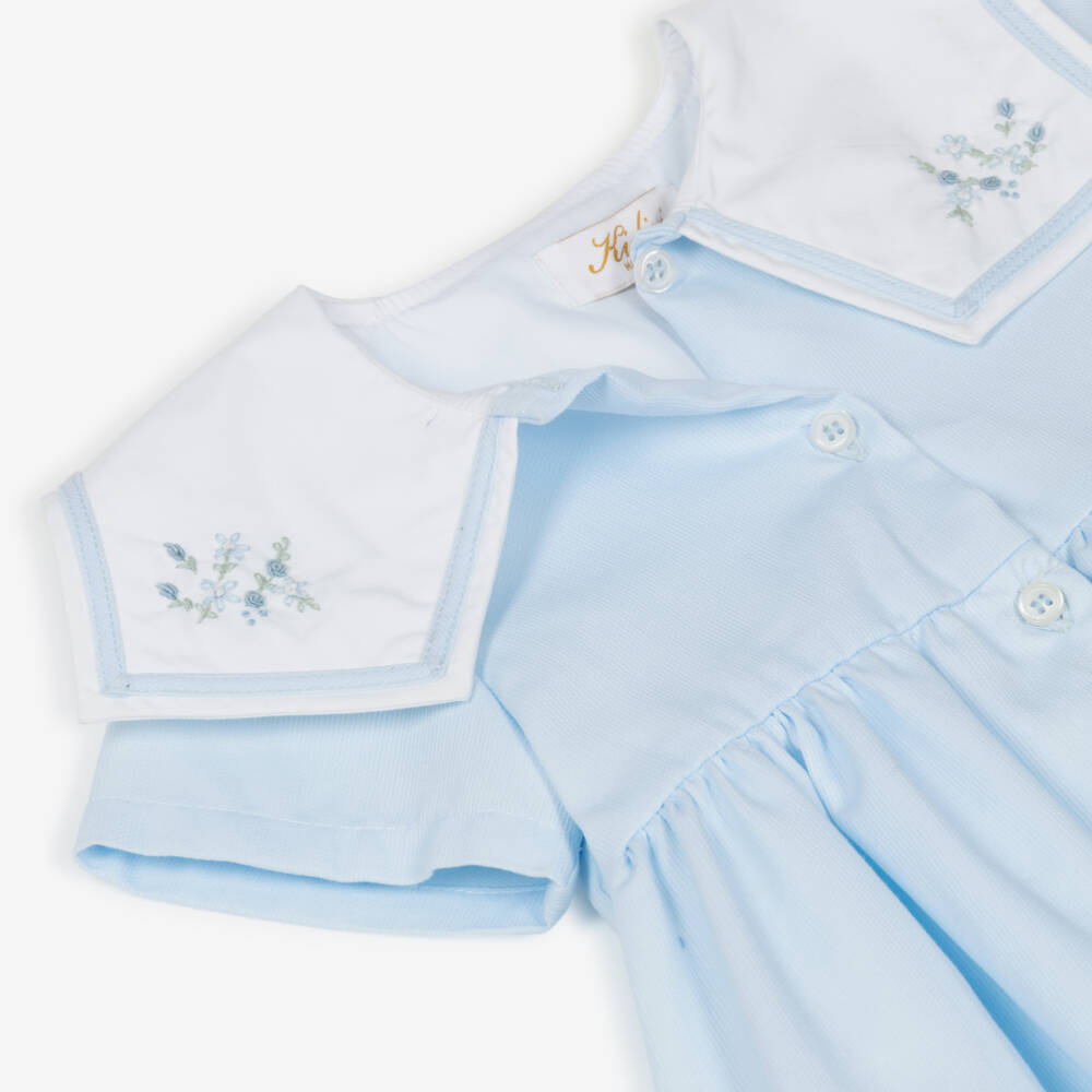 Kidiwi-Girls Pale Blue Dress with Hand-Embroidered Sailor Collar | Childrensalon
