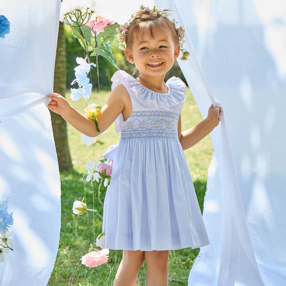 Kidiwi-Girls Pale Blue Gingham Hand-Smocked Dress | Childrensalon