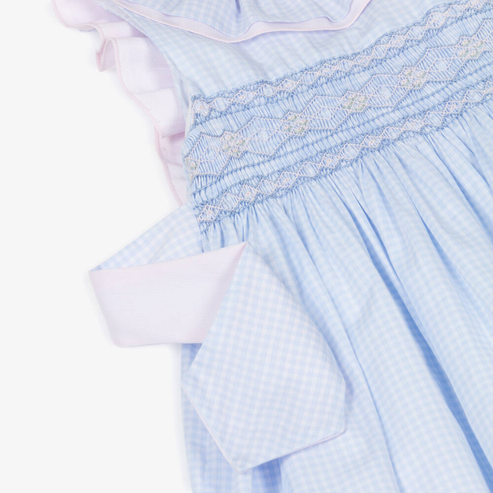 Kidiwi-Girls Pale Blue Gingham Hand-Smocked Dress | Childrensalon