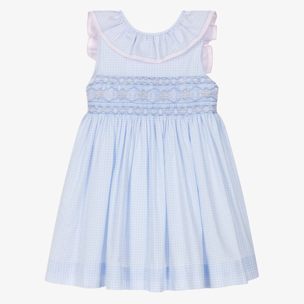 Kidiwi-Girls Pale Blue Gingham Hand-Smocked Dress | Childrensalon
