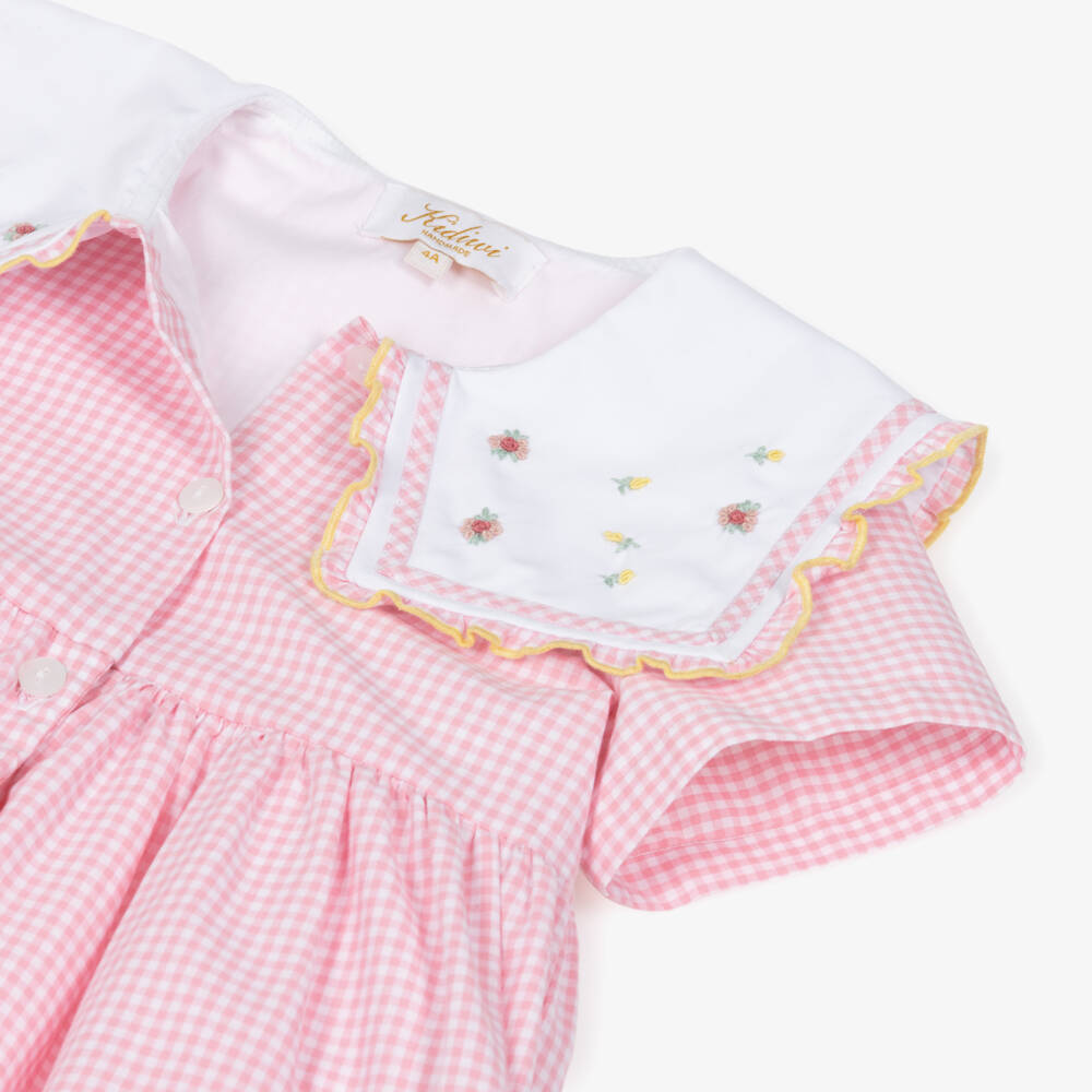 Kidiwi-Girls Pink Cotton Gingham Dress with Floral Sailor Collar | Childrensalon