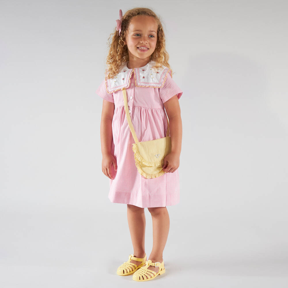 Kidiwi-Girls Pink Cotton Gingham Dress with Floral Sailor Collar | Childrensalon